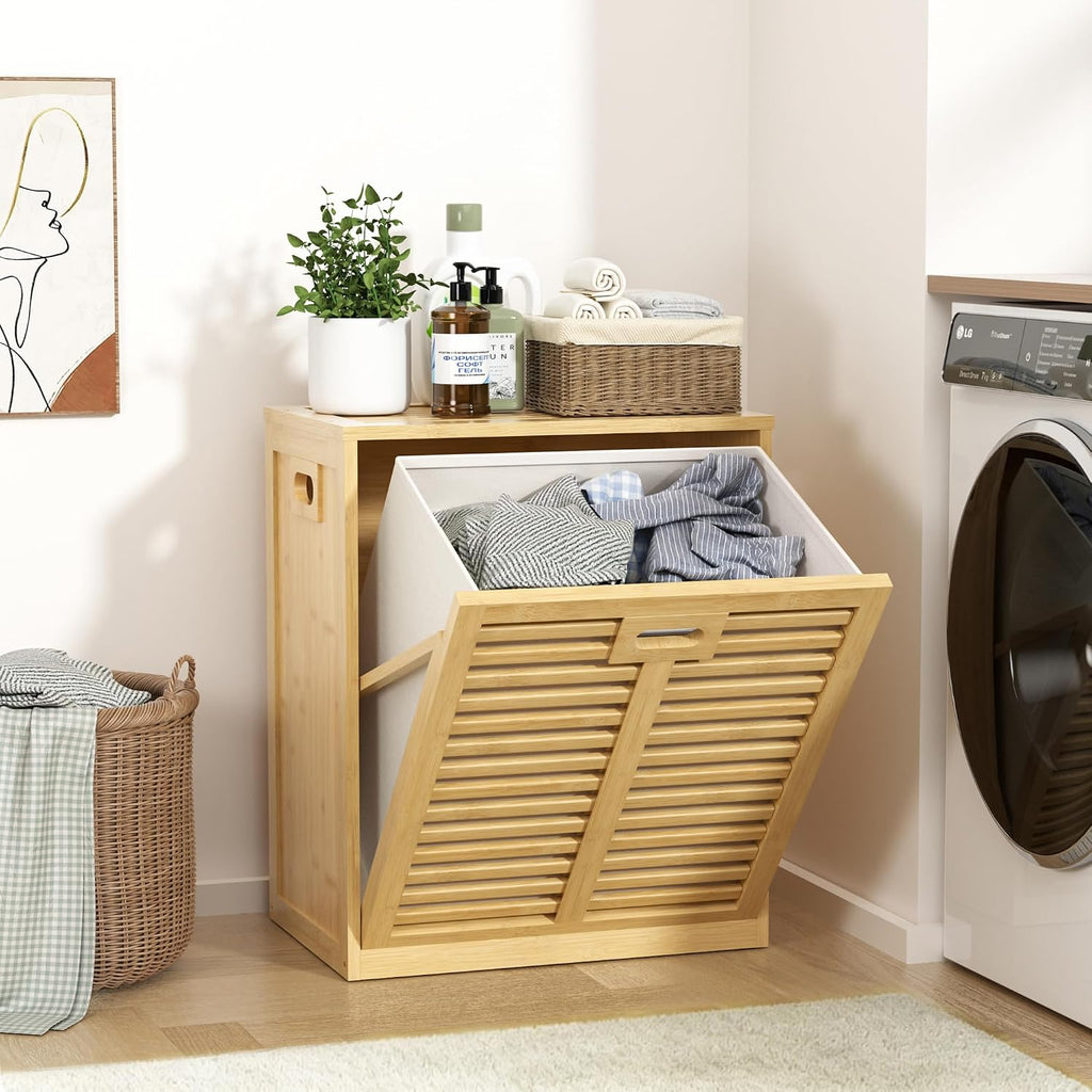 VASMIA Tilt Out Laundry Hamper, Bamboo Laundry Cabinet with Hidden Removable Basket,Dirty Clothes Storage Organizer for Bedroom, Bathroom, Living Room, Natural