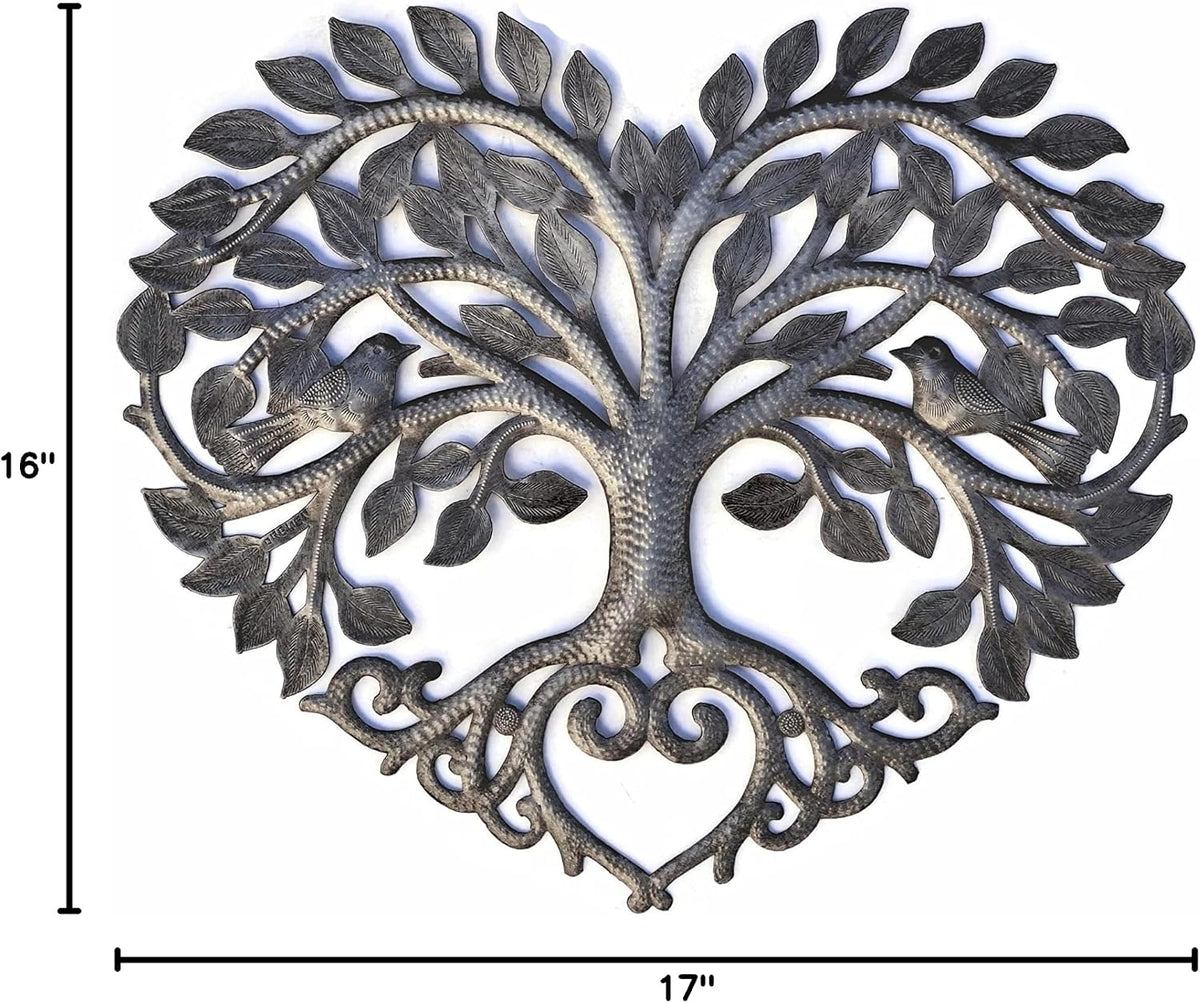 It's Cactus Metal Heart Shaped Tree of Life Decor, Wall Hanging Artwork, Handmade in Haiti, Celtic Family 17 X 16 Inches