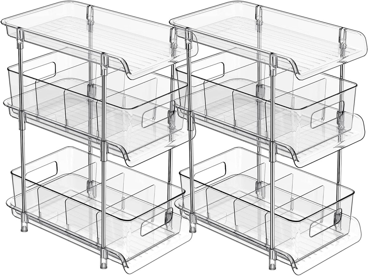 2Set 3 Tier Clear Bathroom Organizer with Dividers, Pull-Out Pantry Organization and Storage, Multi-Purpose Under Sink Organizers and Storage, Vanity Skincare Cosmetic Closet Organizer Medicine Bins