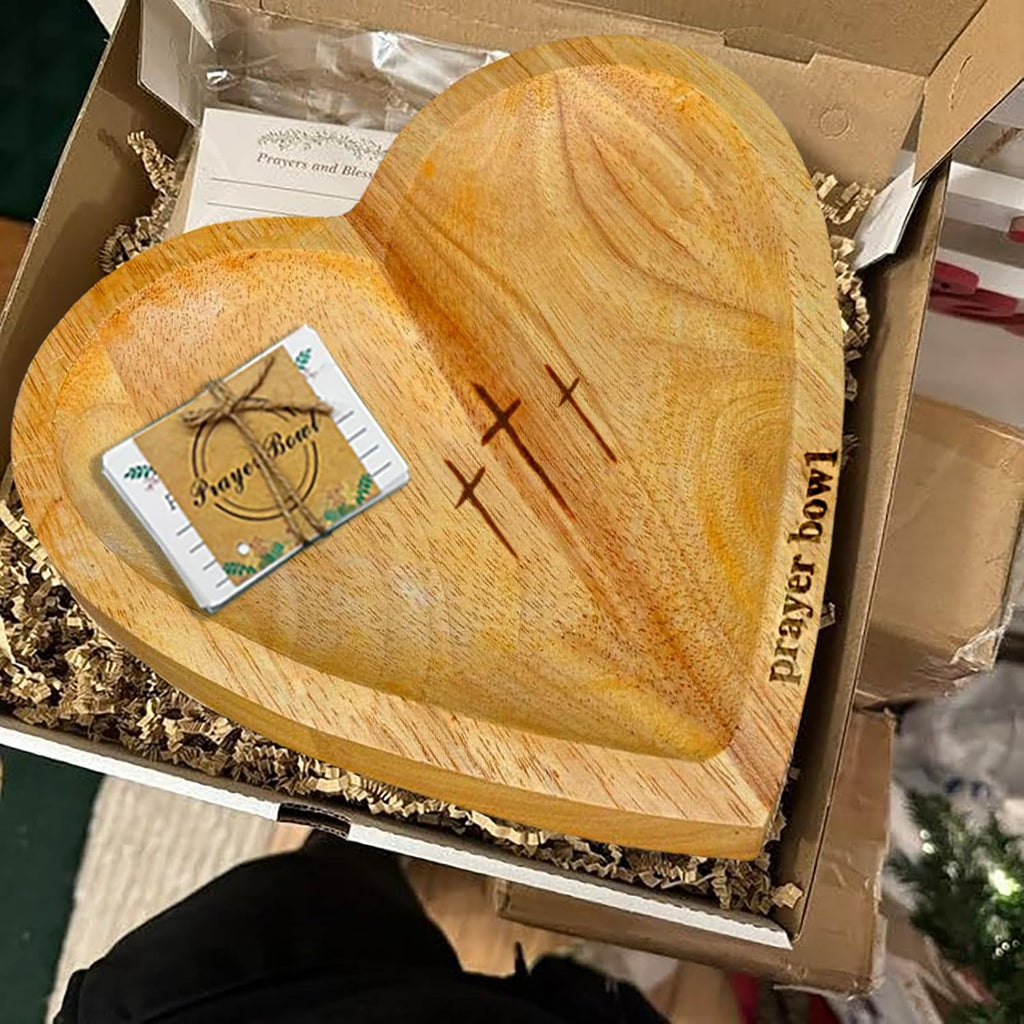 Heart Shaped Prayer Bowl with 24 Cards - Wooden Religious Dough Bowl with Cross for Christian Congregation Gifts