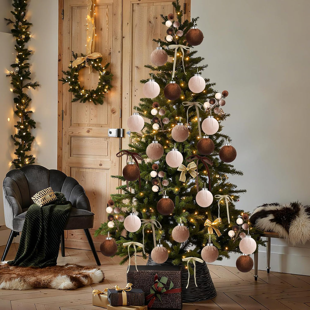 Ouddy Decor 33 Pcs Velvet Neutral Christmas Ornaments Set, Brown & Beige