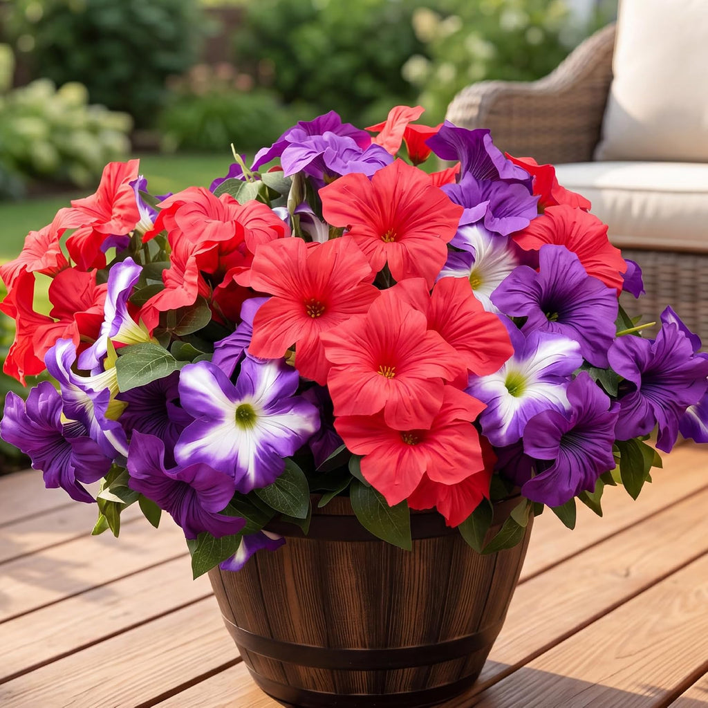 Artificial Fake Flowers Plants for Outdoor Decoration, 4PCS Faux Petunias Silk Flower UV Resistant No Fade for Home Outside Garden Balcony Yard Porch Realistic Indoor Decor (Purple/Red)
