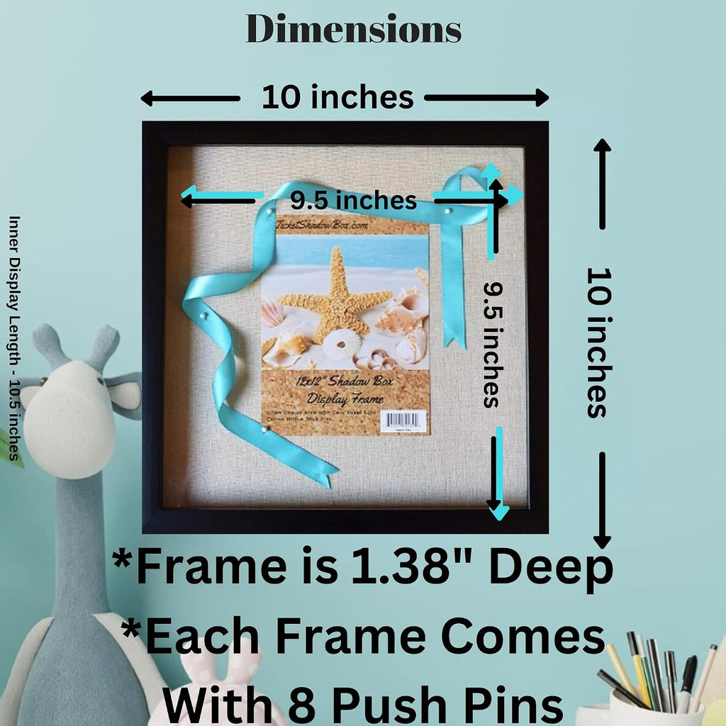 Tasse Verre 10x10 Black Display Shadow Box (1-Pack) Frame w/Linen Background and 8 Stick Pins - Ready to Hang Shadowbox Picture Frame - Box Display Baby Memorabilia Wedding