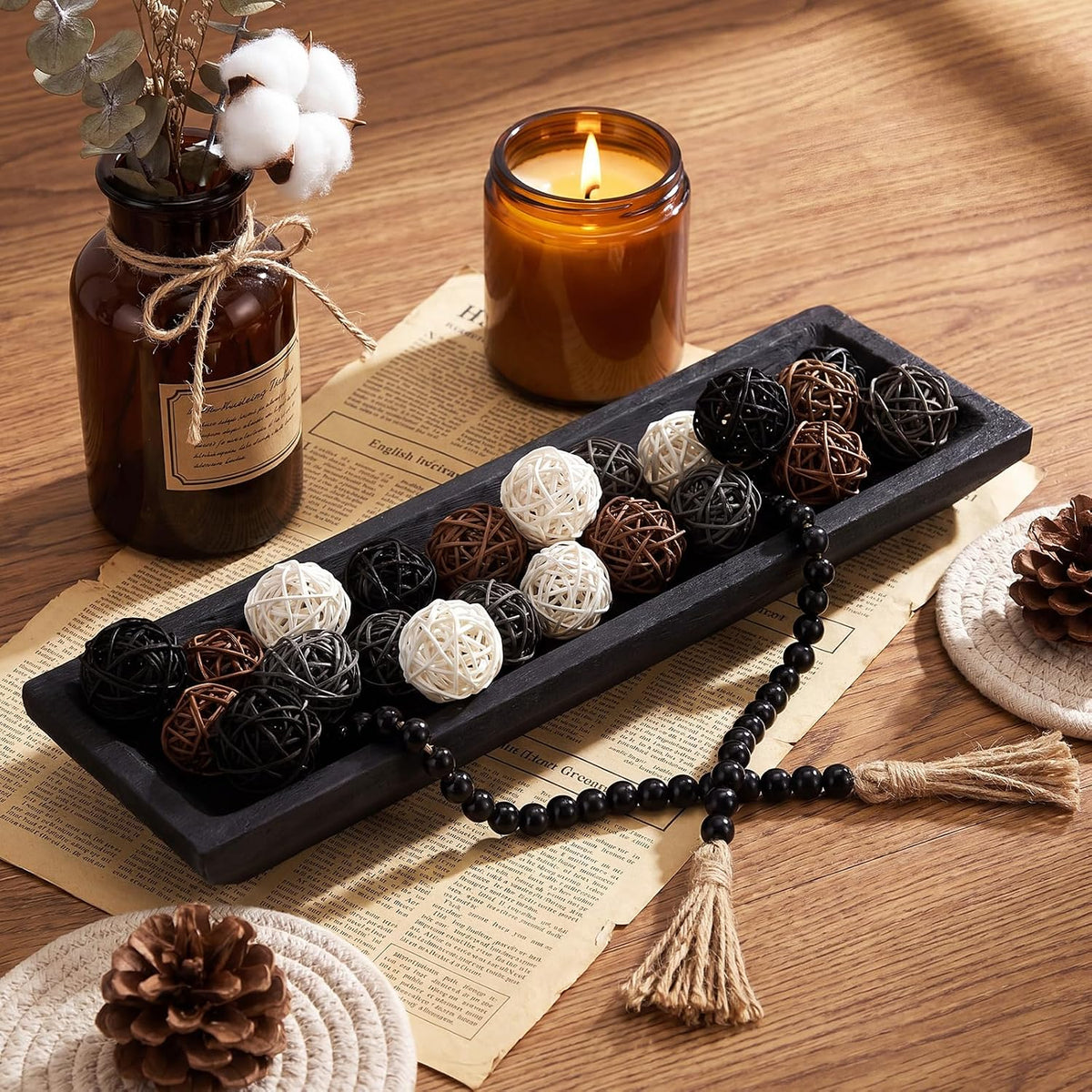 Mumufy Wooden Dough Bowls for Decor, Decorative Balls & Bead Strand, 20"