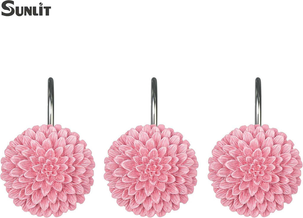 Sunlit Decorative Floral Shower Curtain Hooks, Dahlia Pinnata Flower Shower Curtain Rings, Resin, Bathroom Decoration Pink Shower Curtain Hooks-12 Pack