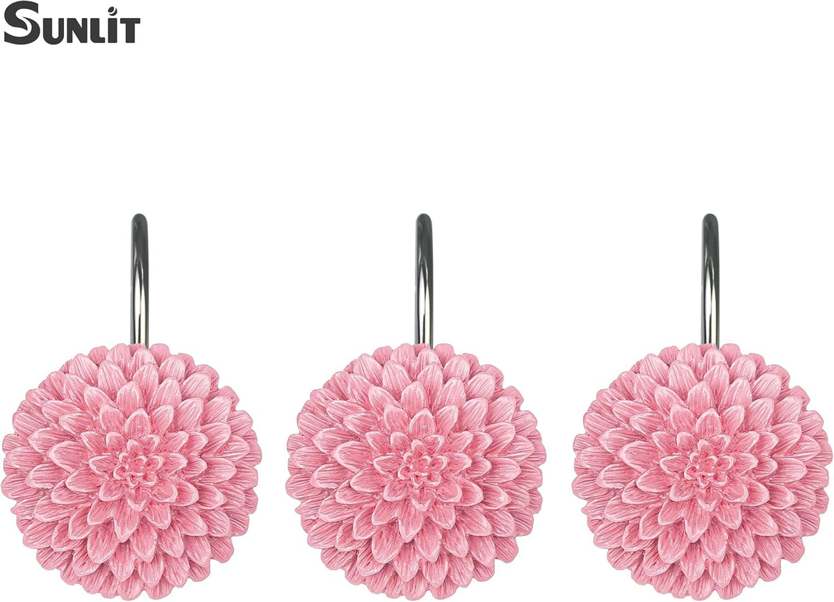 Sunlit Decorative Floral Shower Curtain Hooks, Dahlia Pinnata Flower Shower Curtain Rings, Resin, Bathroom Decoration Pink Shower Curtain Hooks-12 Pack