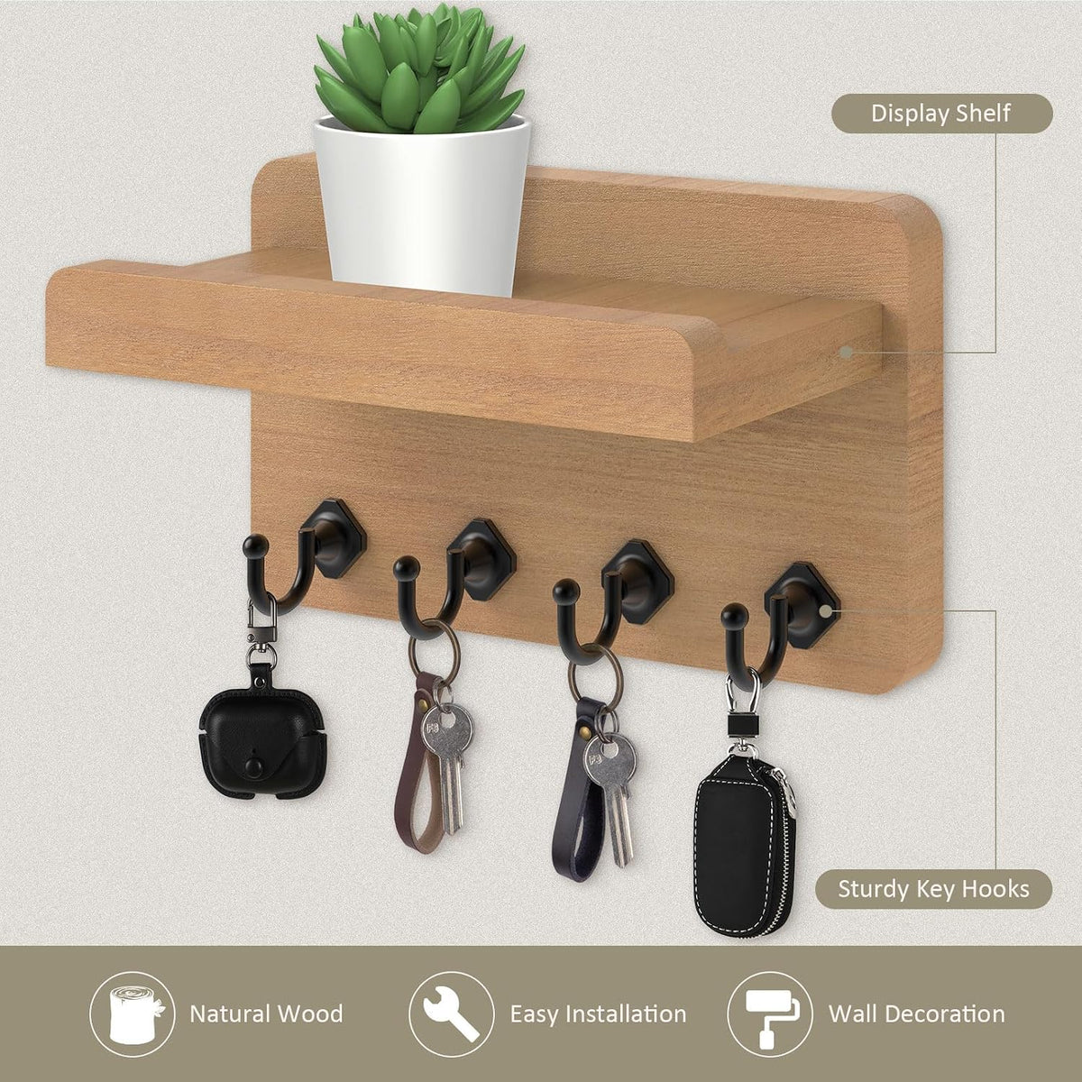 Nekon Key Holder Wall Mount, 8.5 Inch Small Wooden Wall Organizer, Wood