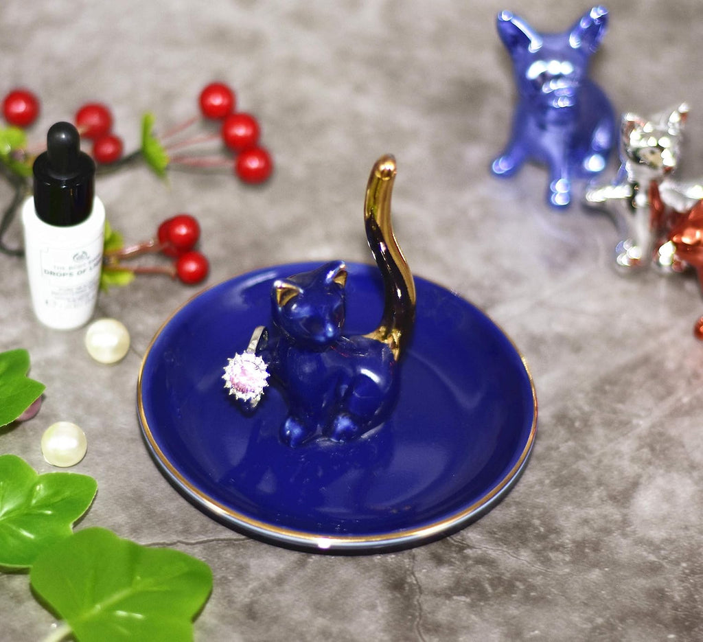 Lucky Kitten Ring Holder Jewelry Dish Organizer, Engagement Wedding Gifts, Boutique Royal Blue Decorative Jewelry Holder