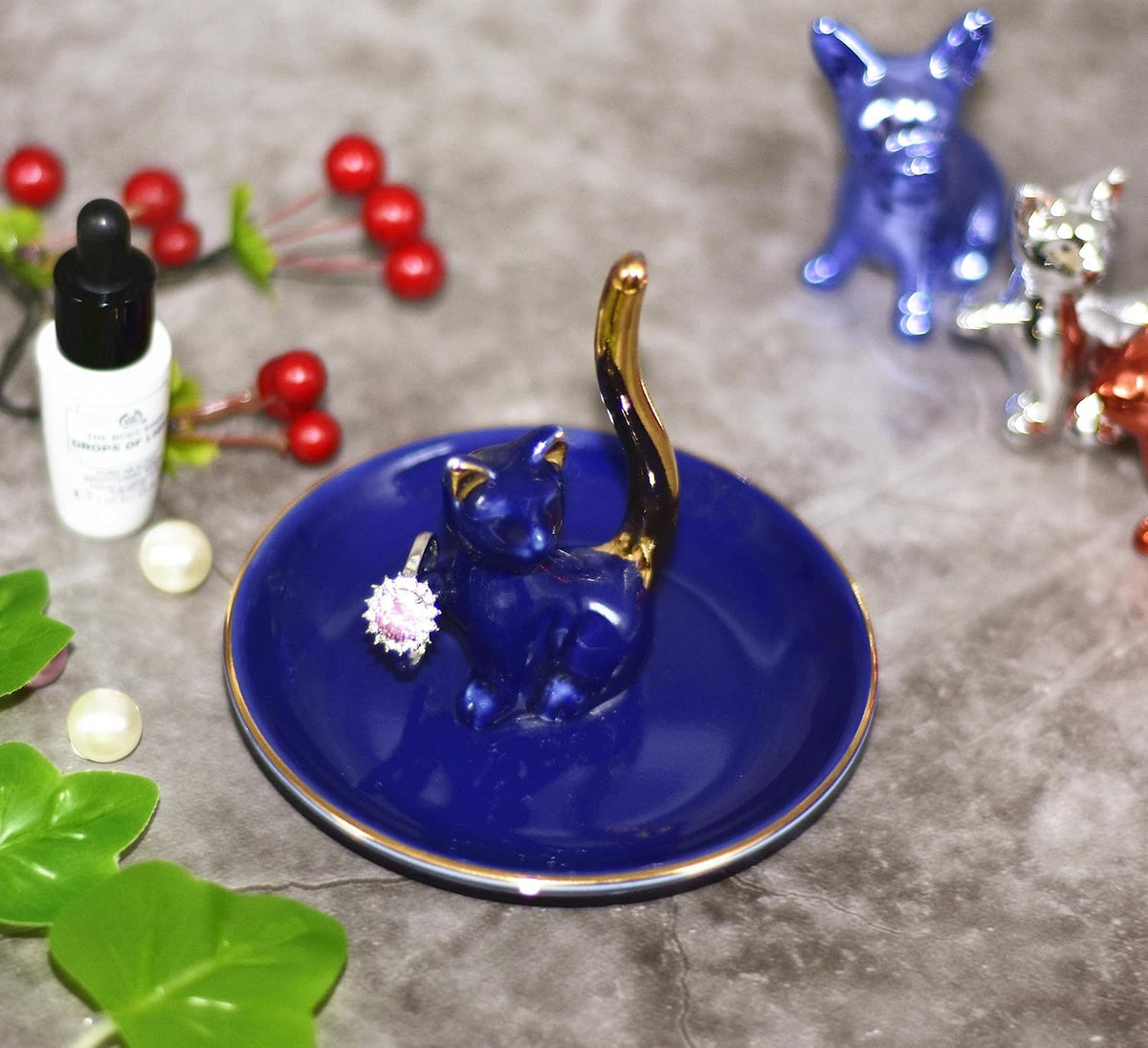 Lucky Kitten Ring Holder Jewelry Dish Organizer, Engagement Wedding Gifts, Boutique Royal Blue Decorative Jewelry Holder