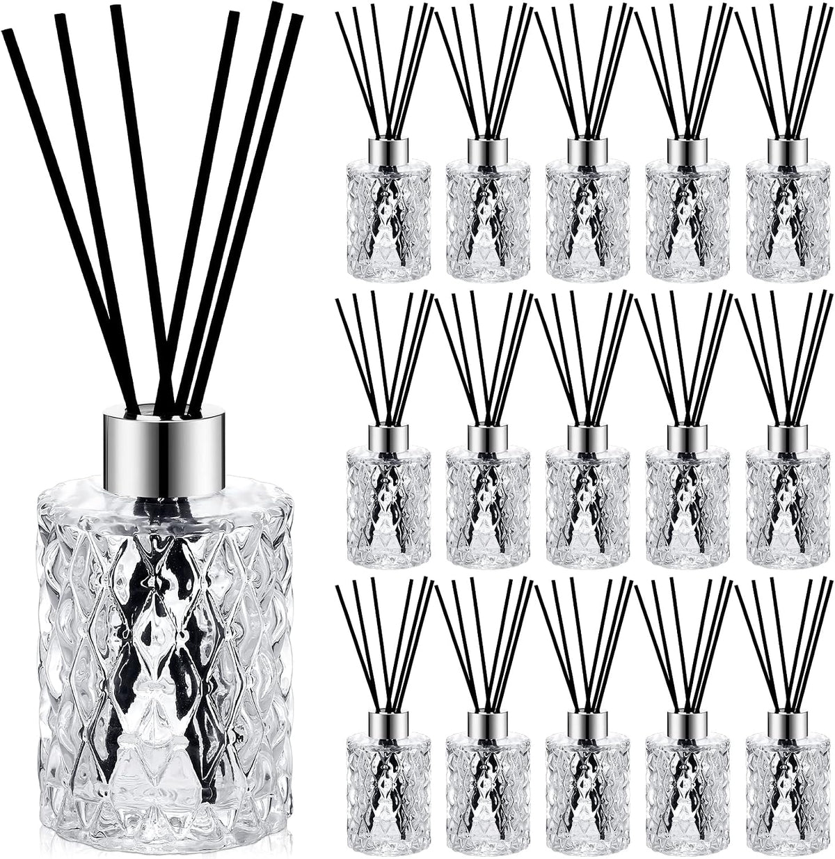 Norme 16 Pack Empty Reed Diffuser Bottles with Caps Rattan Sticks, Silver