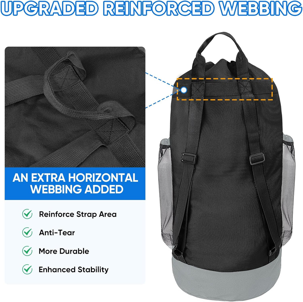 BALEINE 120L Laundry Bag Backpack, 900D Oxford Fabric Large Travel Laundry Bags with Shoulder Straps and 2 Mesh Pockets for College Dorm, Apartment, Laundromat (Black, 120L)