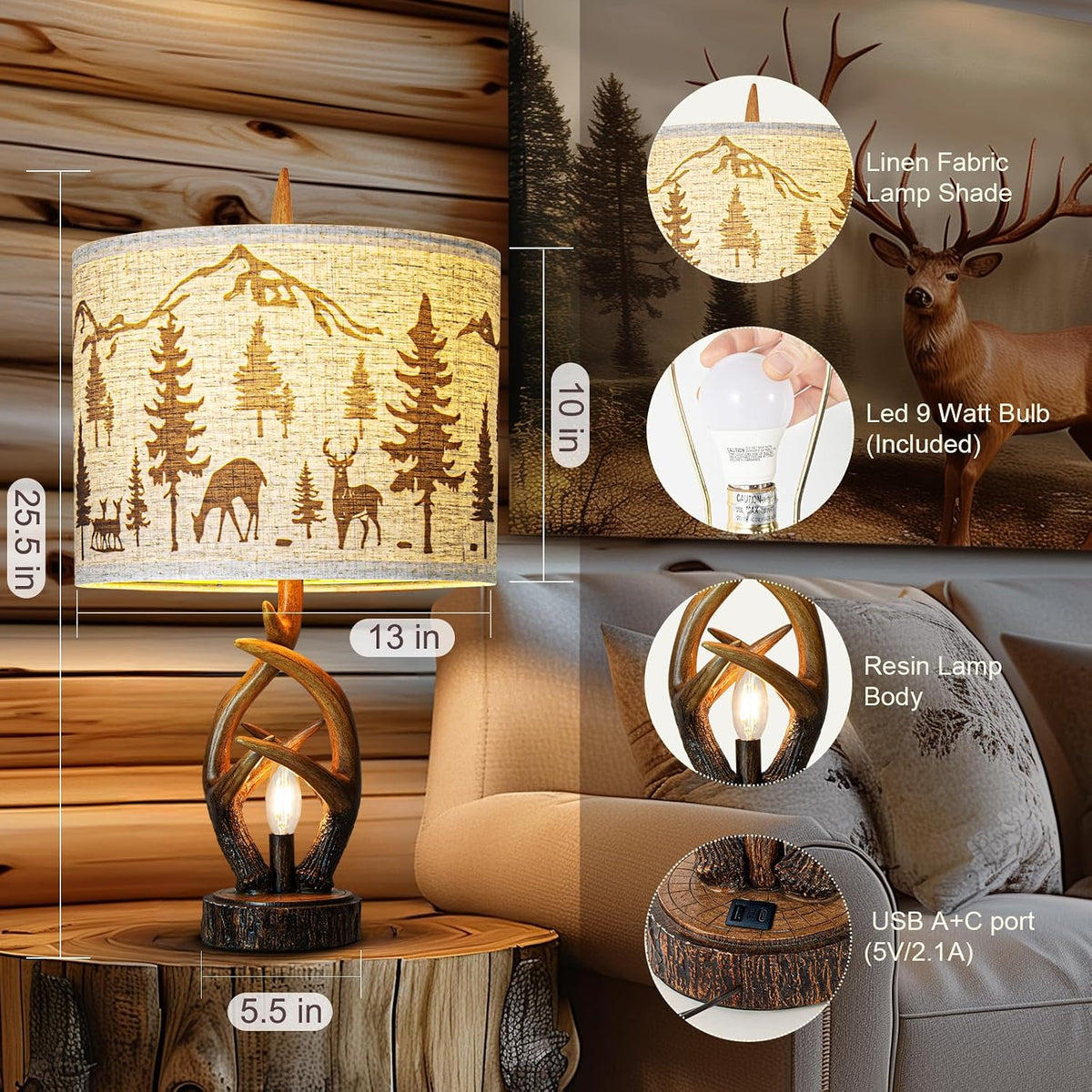 Scenekoy Deer Antler Table Lamp Set of 2 with Nightlight for Living Room