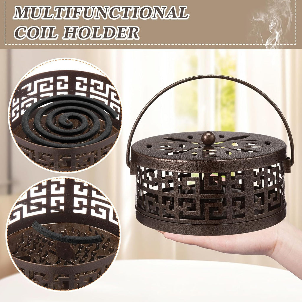 Lallisa 4 Pieces Mosquito Coil Holder Incense Coil Holder Round Retro Portable Metal Hanging Incense Burner with Handle for Home Camping Indoor Outdoor Patio (Bronze,Metal Sheet Included)