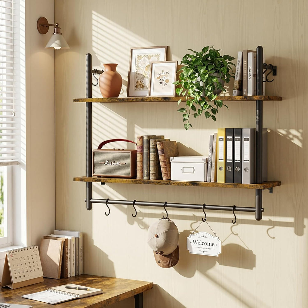 Merapi 31.5" Industrial Pipe Floating Shelf with Towel Bar & Hooks