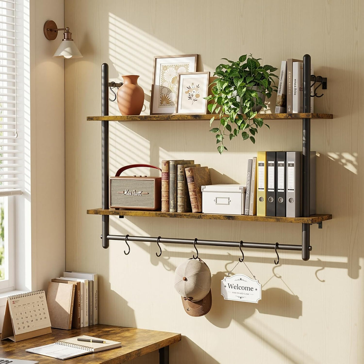 Merapi 31.5" Industrial Pipe Floating Shelf with Towel Bar & Hooks