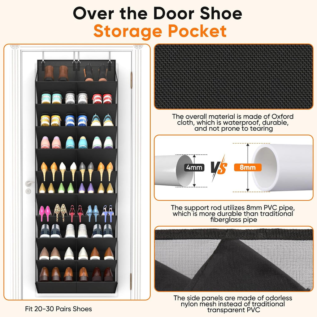 Over the Door Shoe Organizer, 20-30 Pairs Shoe Storage, 10-Tier, Black
