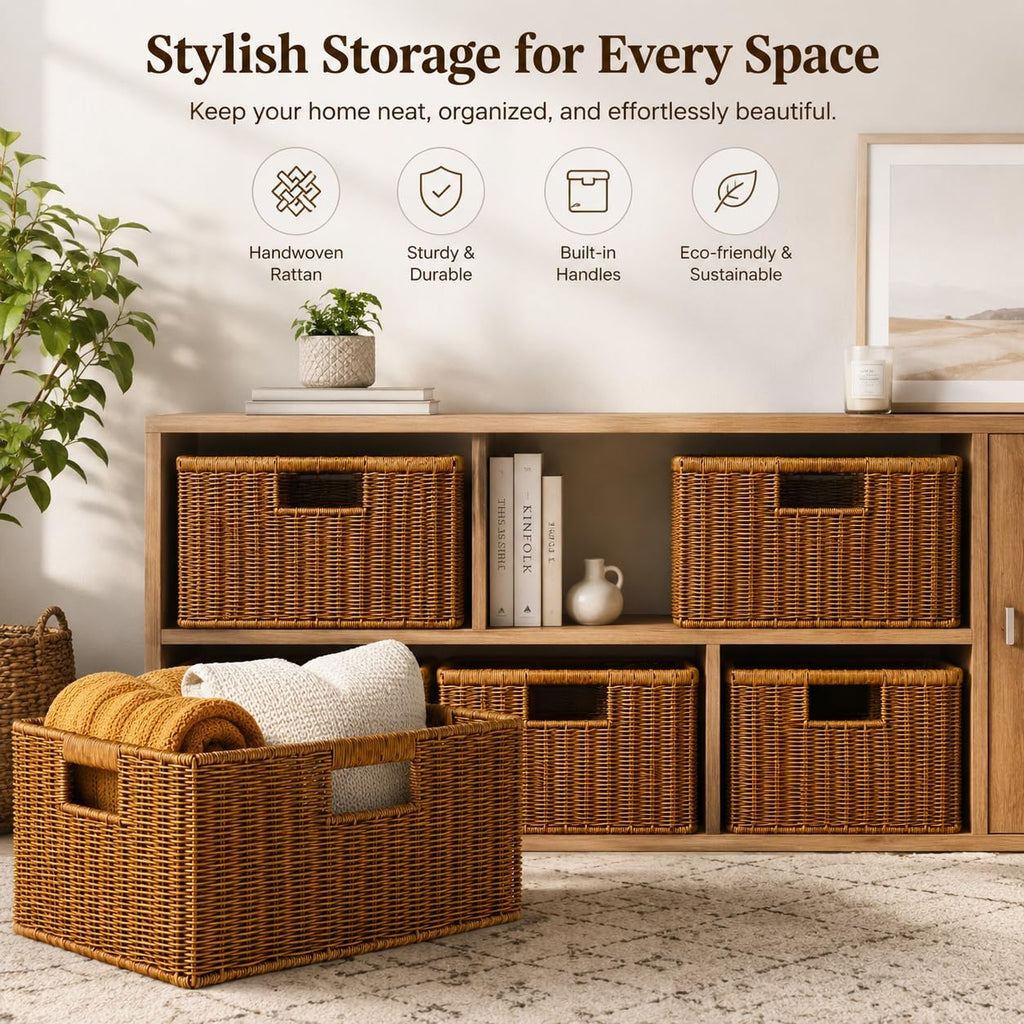 Large Wicker Basket, Waterproof Wicker Storage Basket for Organizing, Brown