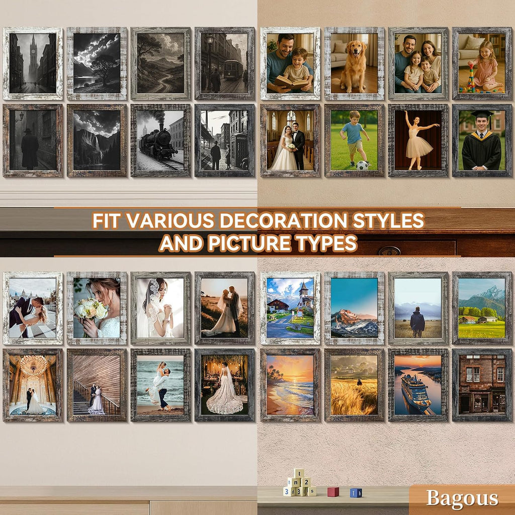 8x10 Picture Frames Set of 8, Vintage Rustic Farmhouse Industrial Style Photo Frames, High Definition Real Glass, for Tabletop or Wall Hanging