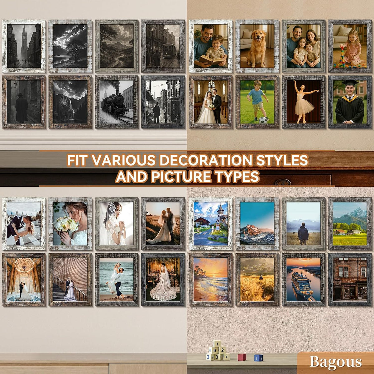 8x10 Picture Frames Set of 8, Vintage Rustic Farmhouse Industrial Style Photo Frames, High Definition Real Glass, for Tabletop or Wall Hanging