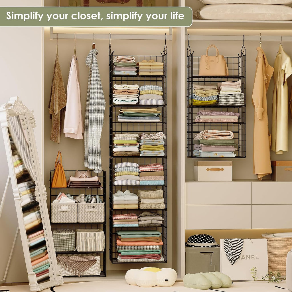 8 Tier Widened Hanging Closet Organizer and Storage Shelves, Metal & Foldable Hanging Clothing Organizer Baskets with Adjustable Dividers for Sweaters Shoes Handbags,Black (D11.81"xW16.14"xH15.35")