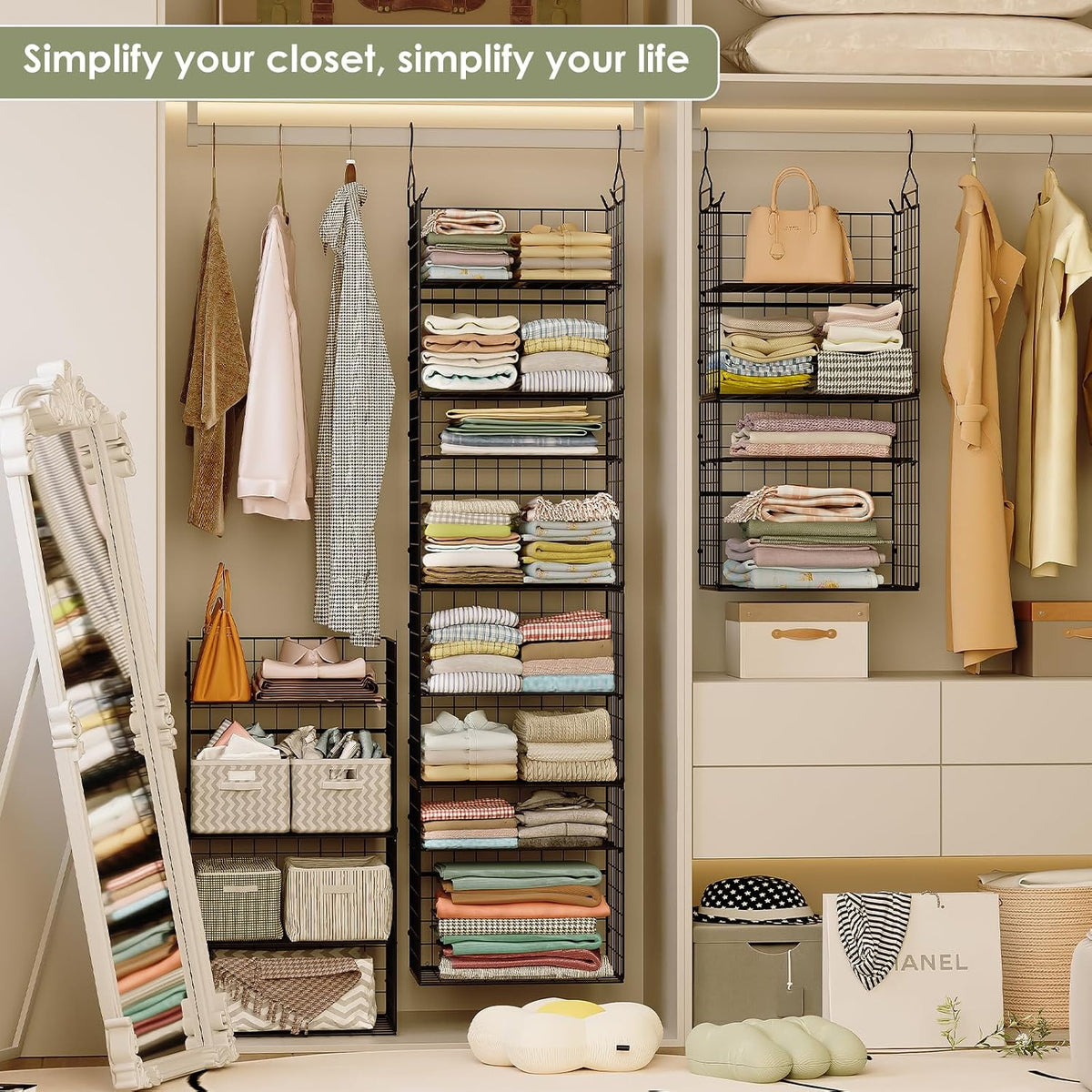 8 Tier Widened Hanging Closet Organizer and Storage Shelves, Metal & Foldable Hanging Clothing Organizer Baskets with Adjustable Dividers for Sweaters Shoes Handbags,Black (D11.81"xW16.14"xH15.35")