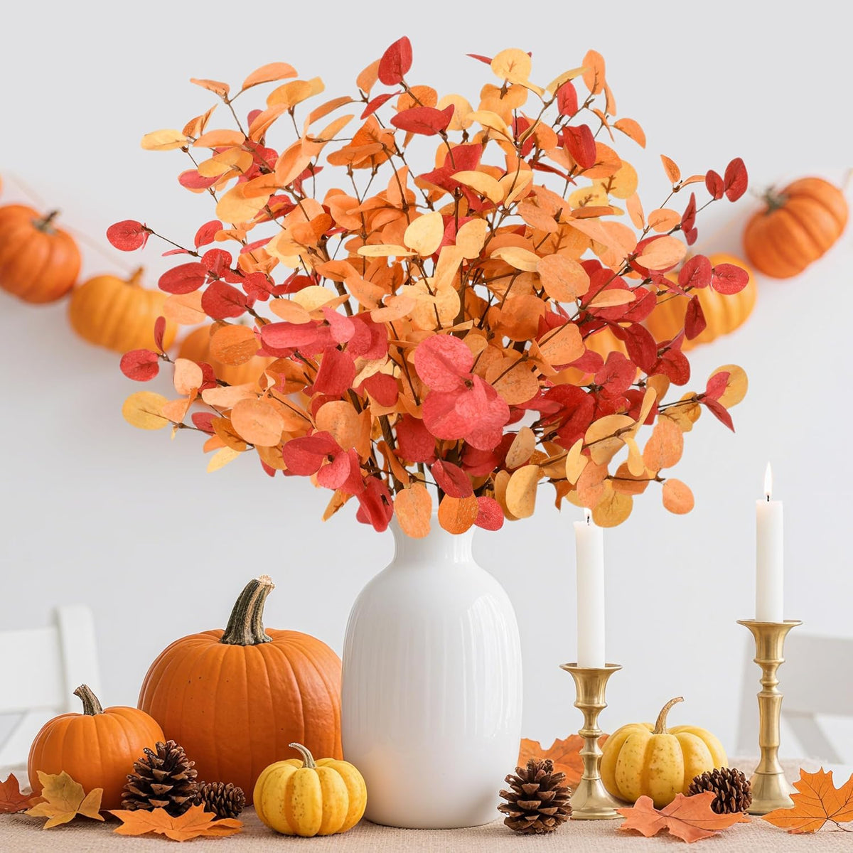 Palonu 6Pcs 24 Inch Artificial Eucalyptus Fall Leaves, Fall Orange Eucalyptus Leaves, Autumn Leaf Branch Faux Fall Decorations for Home Floral Arrangement Autumn Festival Thanksgiving Decor