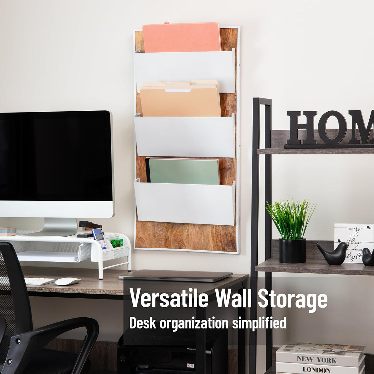 Mind Reader 3-Tier Wall-Mounted File Organizer, Wood and Metal Vertical Rack for Mail, Magazines, and Documents, Metal, Wood, White