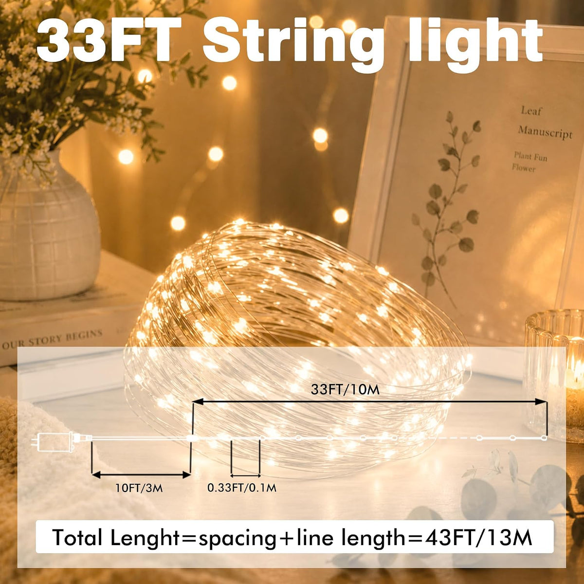 33FT 100 LED Plug in Fairy Lights with 13 Modes & Timer, Warm White