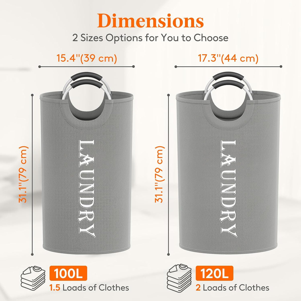 Lifewit 2 Pack 120L Laundry Basket with Aluminum Handles, Silver Grey