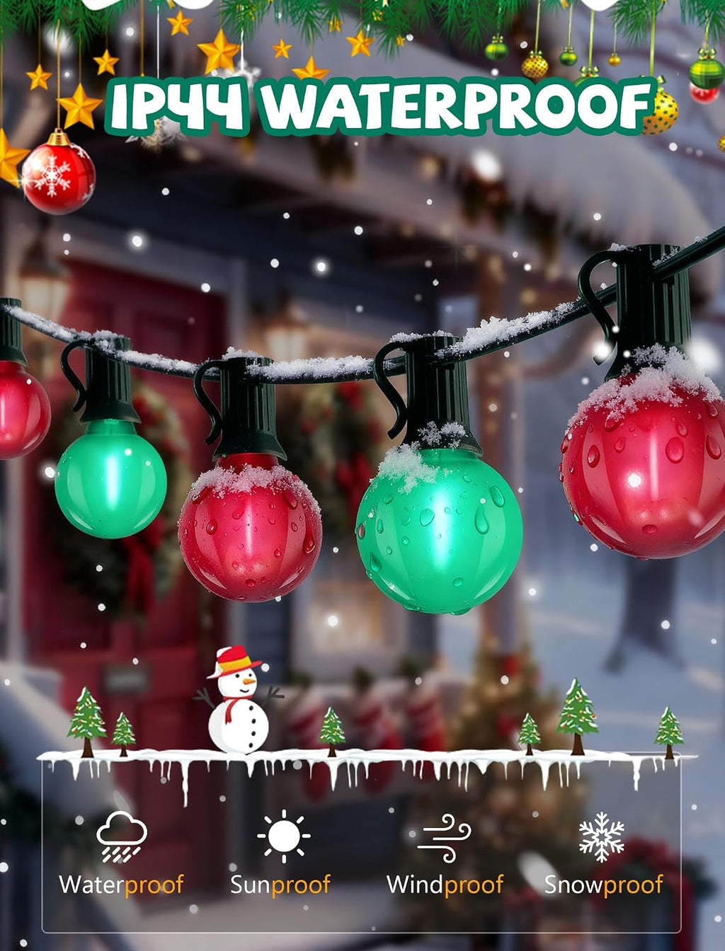 25Ft LED Red Green String Lights Outdoor, Christmas Decoration Patio Lights