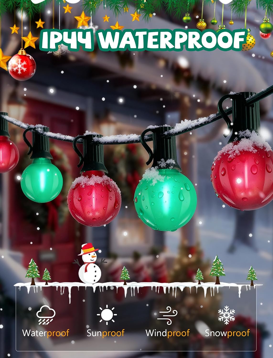 25Ft LED Red Green String Lights Outdoor, Christmas Decoration Patio Lights