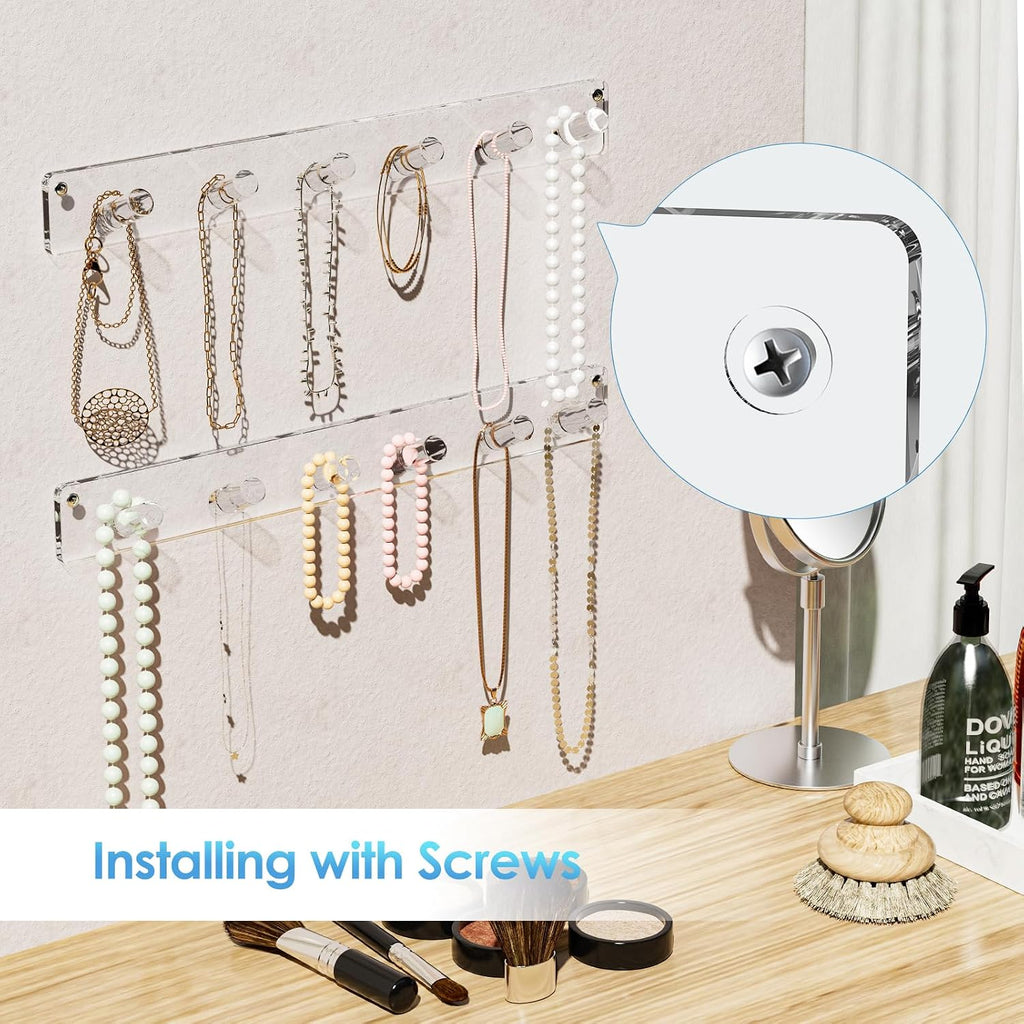 MaxGear Clear Necklace Holder 2-Pack, Wall Jewelry Organizer with 12 Hooks
