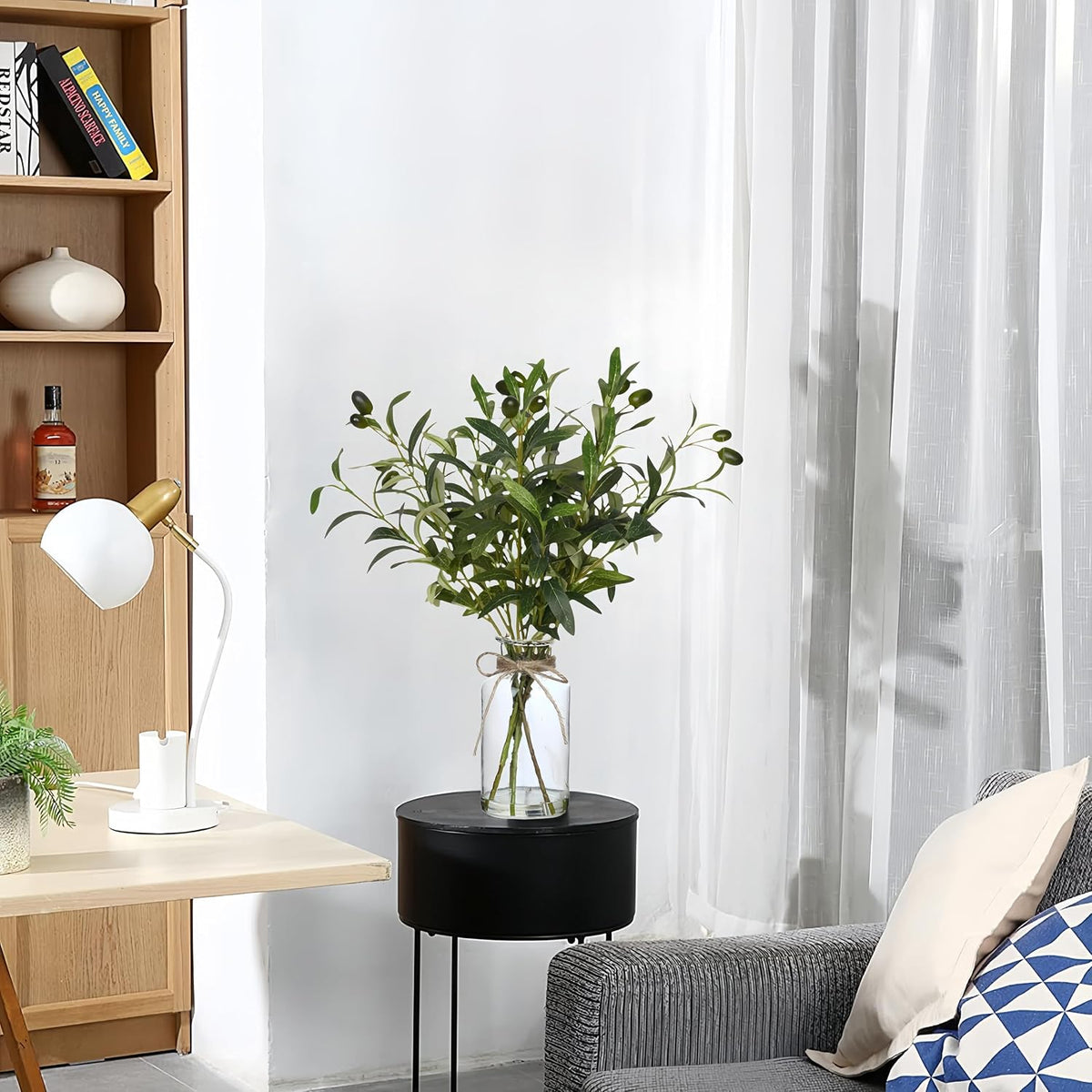 Artificial Plants Olive Branch in Glass Vase, 14.5” Fake Plant Greenery Stems with Olive Branches Faux Eucalyptus Stems for Home Office Farmhouse Wedding Table Centerpiece Décor