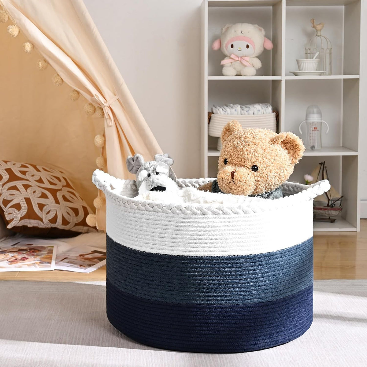Large Woven Blanket Basket, 67L Cotton Rope Laundry Basket