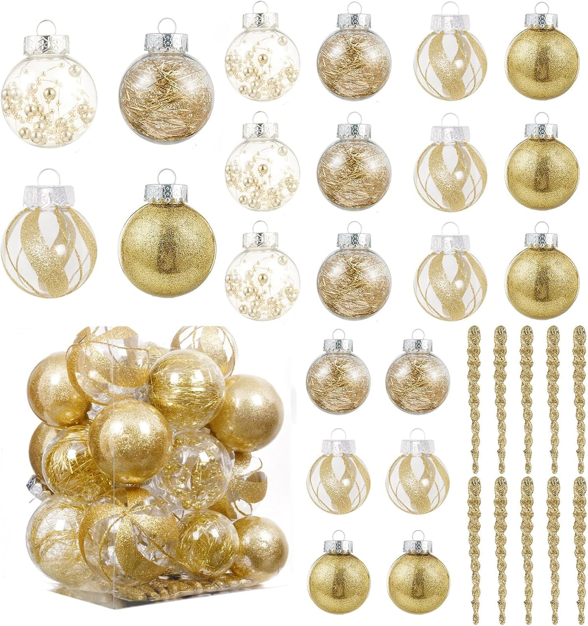XmasExp 32ct Christmas Ball Ornaments Set -Gold Clear Plastic Shatterproof Xmas Tree Ball Decorations Hanging Baubles for Holiday Decor