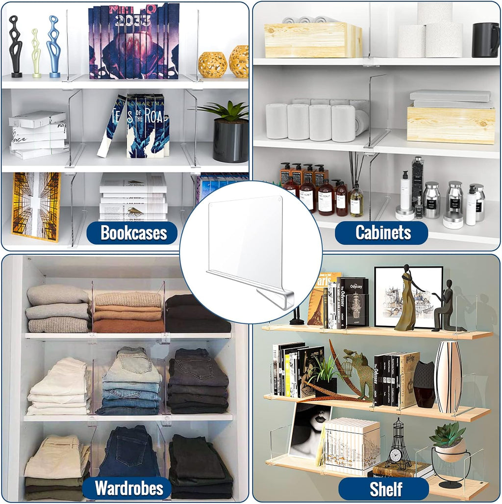 BAUMFEUER 10 Pack Clear Acrylic Shelf Dividers for Closet Shelf Organizer of Bedroom Kitchen Office Bathroom Organizer for Clothes Books Hats and Handbags
