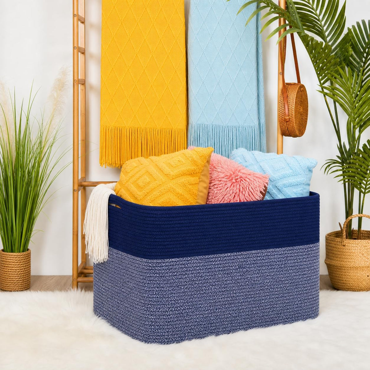 MINTWOOD Design 112L Extra Large Blanket Basket Holder Living Room, 25"x17"x16" Rectangle Rope Woven Storage Basket with Handles for Laundry, Towels, Shoes, Dog Toy Organizer Bin Box, Navy Blue