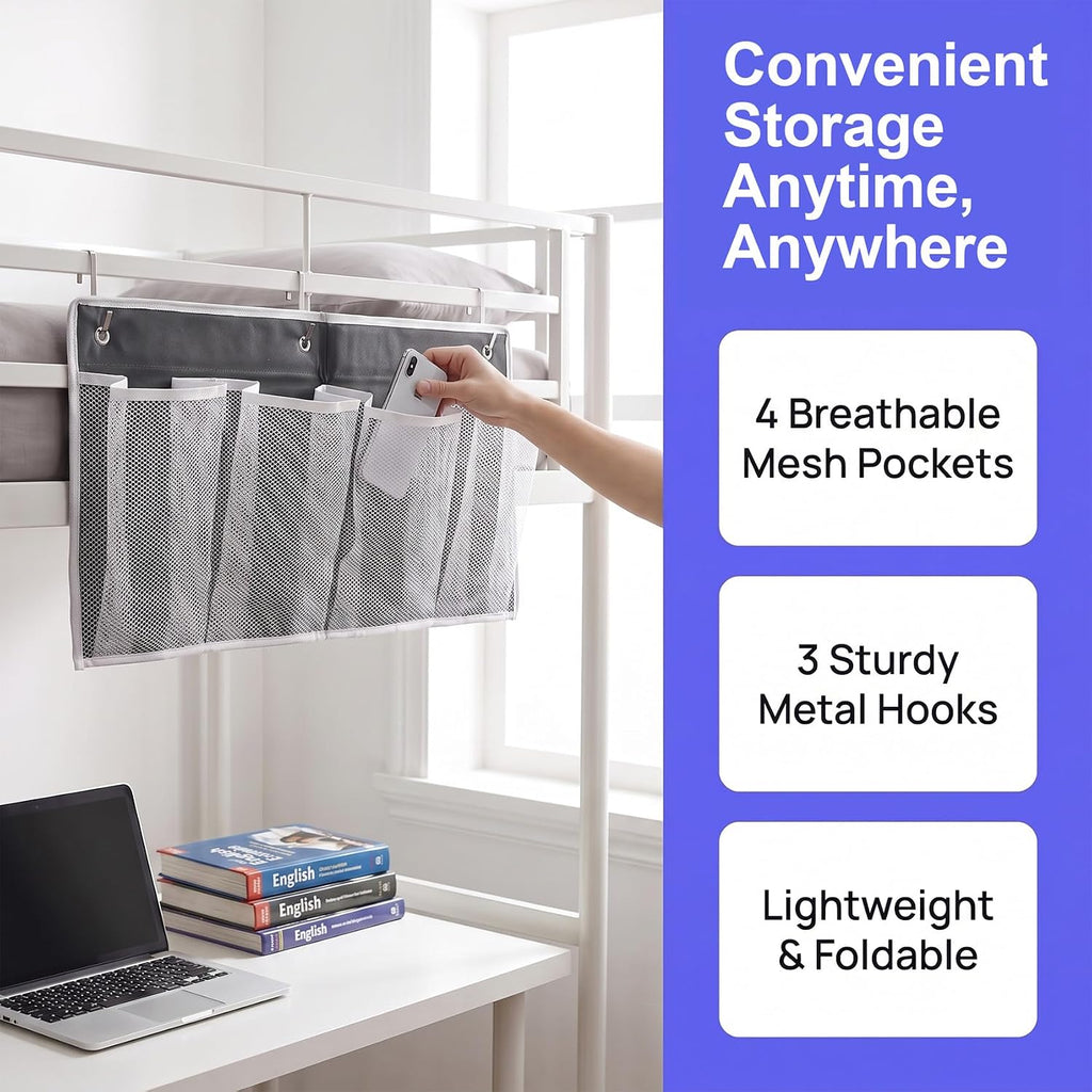 Pndeyo 1pc Bed Hanging Shoe Organizers with 3pcs Hooks, 22.44x19.61in, Grey