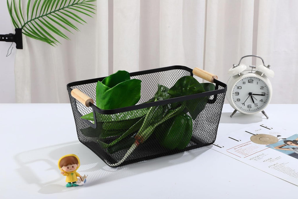 AJIODA Metal Mesh Steel Basket, Medium Wire Storage Organizer Basket Multi-function Hanging Kitchen Basket with Wood Handle for Kitchen Bathroom Picnic Home, Rectangle-Black