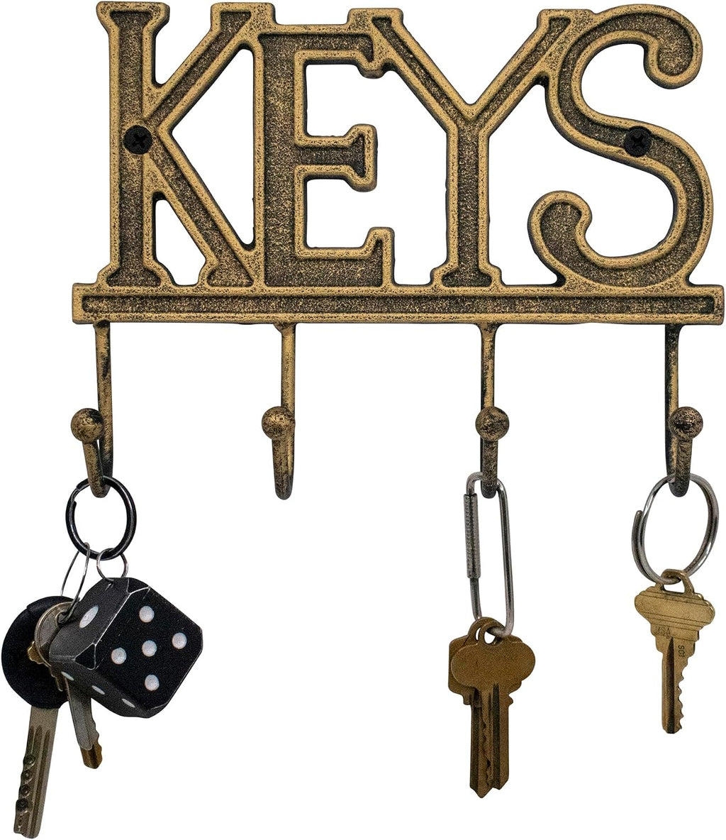 Stephanie Imports Rustic Cast Iron Keys Holder with 4 Key Hooks for Wall Mount (Antique Gold)
