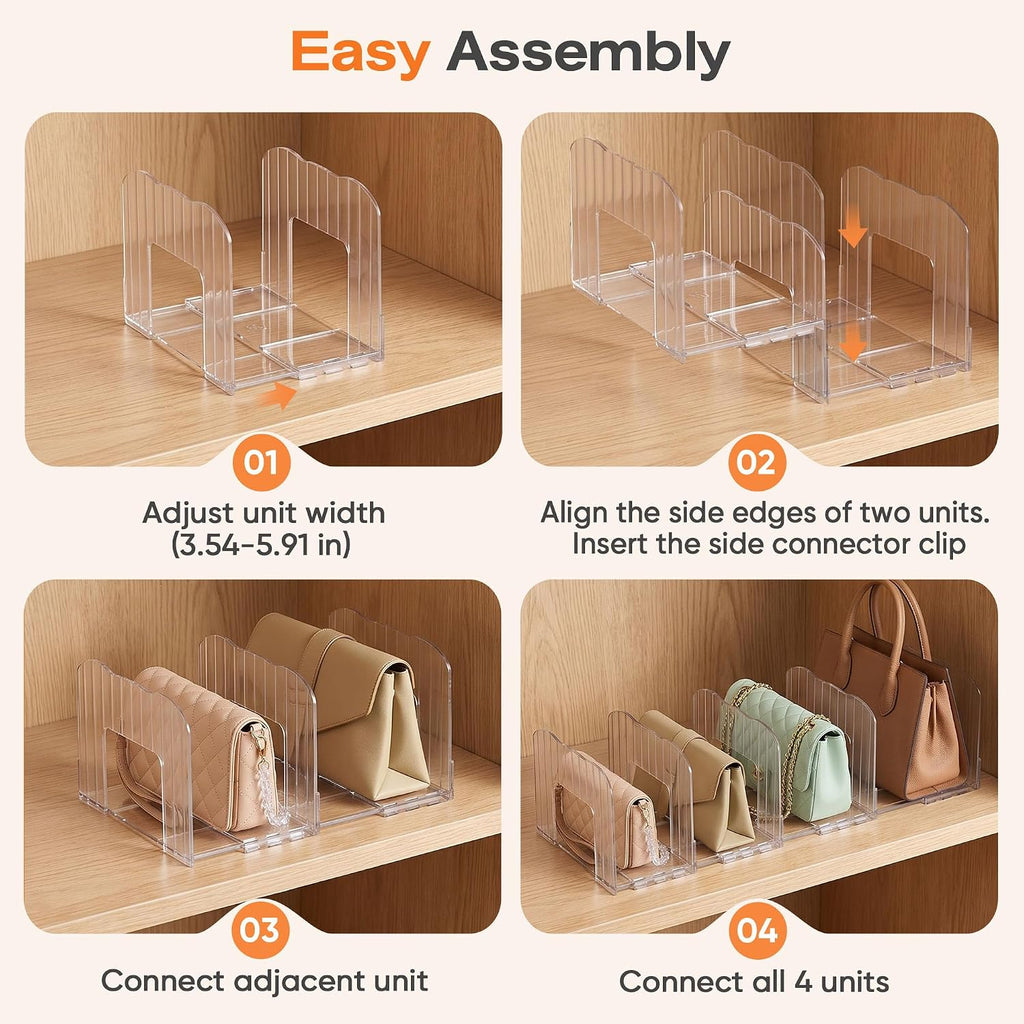 Glxgow 4 Pack Adjustable Acrylic Purse Organizer for Closet Shelf, Clear Handbag Storage Dividers, Detachable & Connectable Bag Organizer for Wallets, Clutches, Purses and Handbags