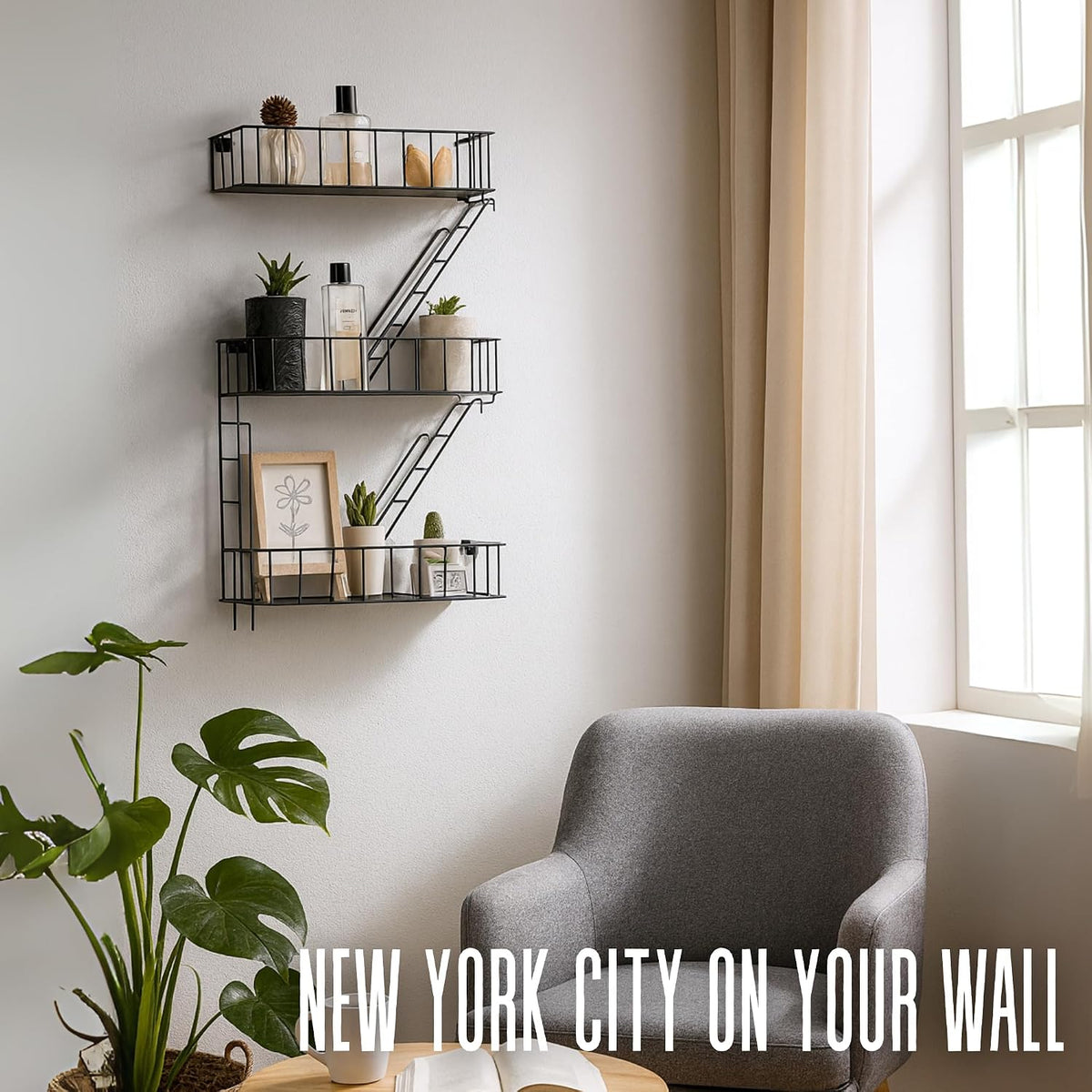 Fire Escape Wall Shelf, Black Metal Decorative Floating Ladder, 3-Tier