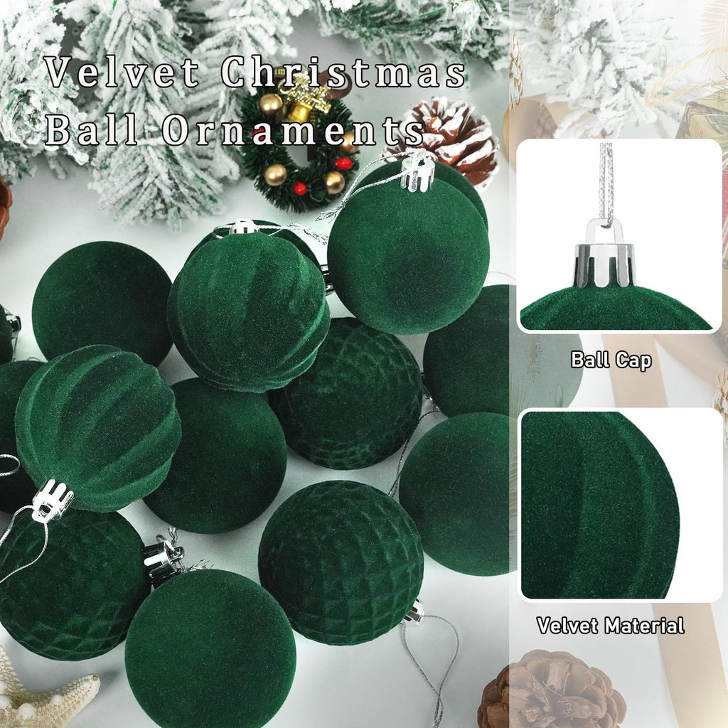 Artmag 16 Pcs Velvet Christmas Balls Hanging Ornaments Set, Shatterproof Plastic Flocked Christmas Tree Balls Xmas Decorations Festival Holiday Party Decor (Green,2.36 Inch)