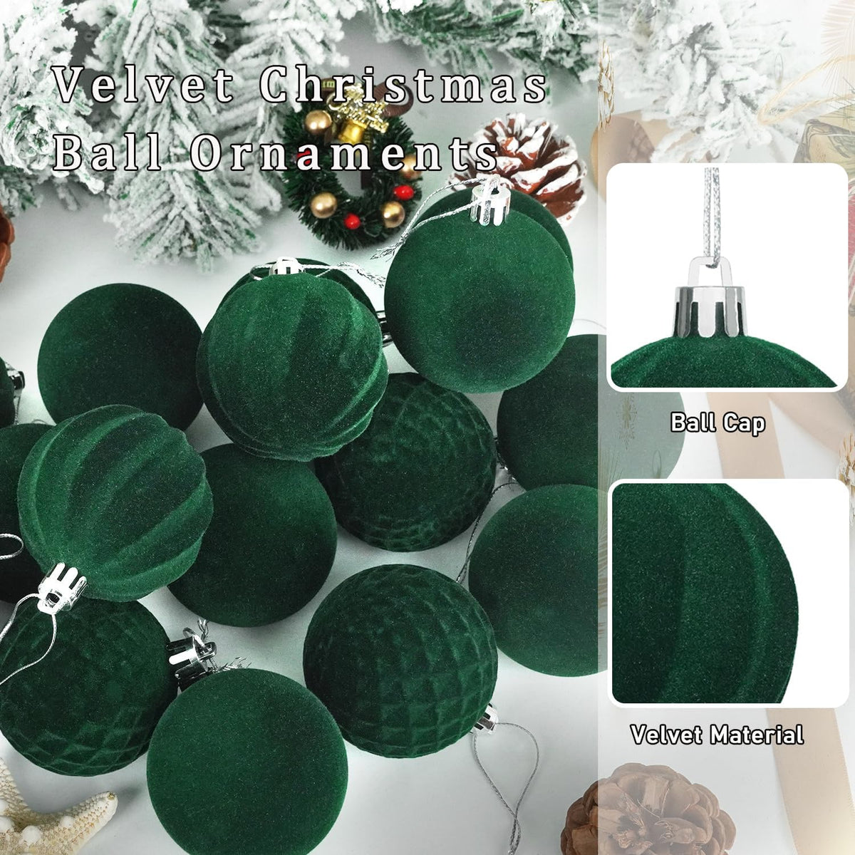 Artmag 16 Pcs Velvet Christmas Balls Hanging Ornaments Set, Shatterproof Plastic Flocked Christmas Tree Balls Xmas Decorations Festival Holiday Party Decor (Green,2.36 Inch)