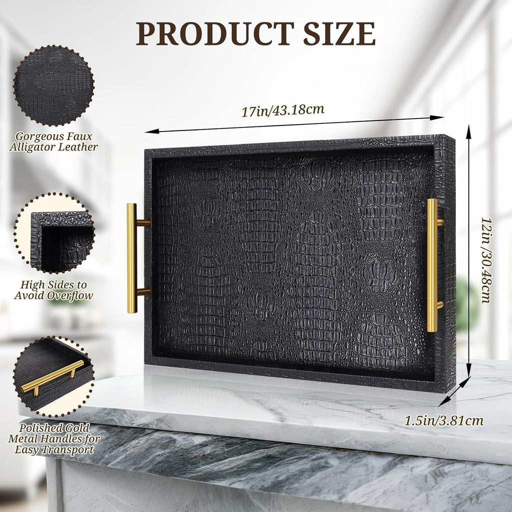 SXNOWS Faux Leather Serving Tray with Gold Handles, Black