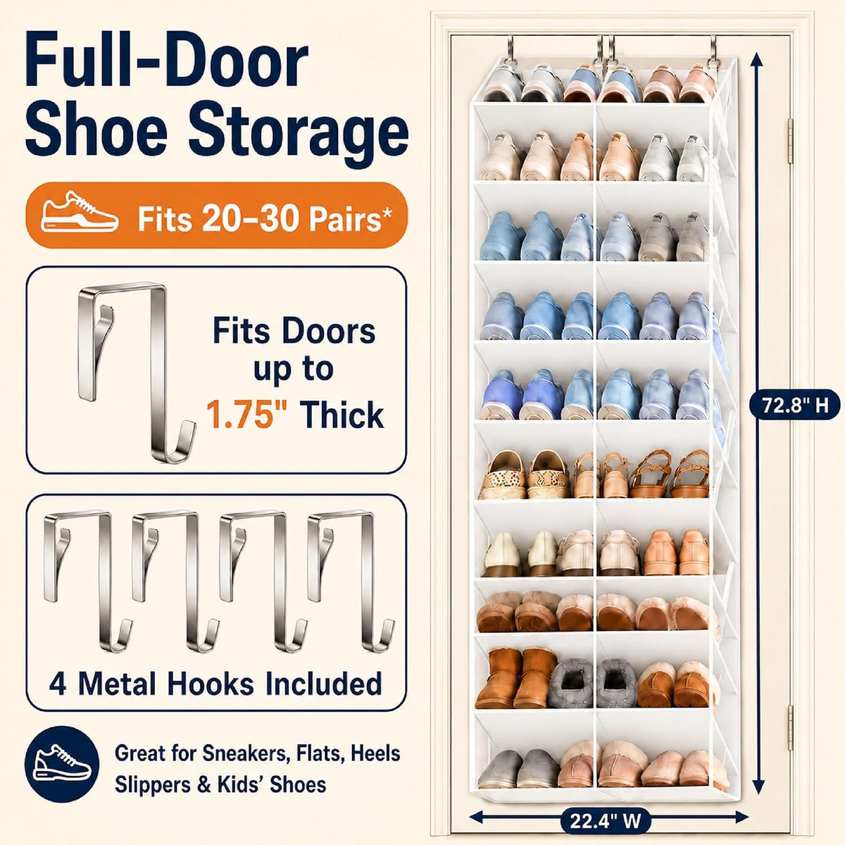 Over the Door Shoe Organizer 10-Tier Shoe Rack, 20–30 Pairs