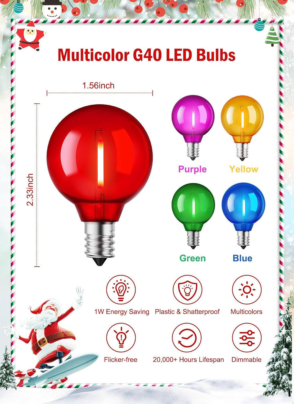 Brightown G40 Christmas Light Bulbs, 25 Pack LED Multicolor Bulbs