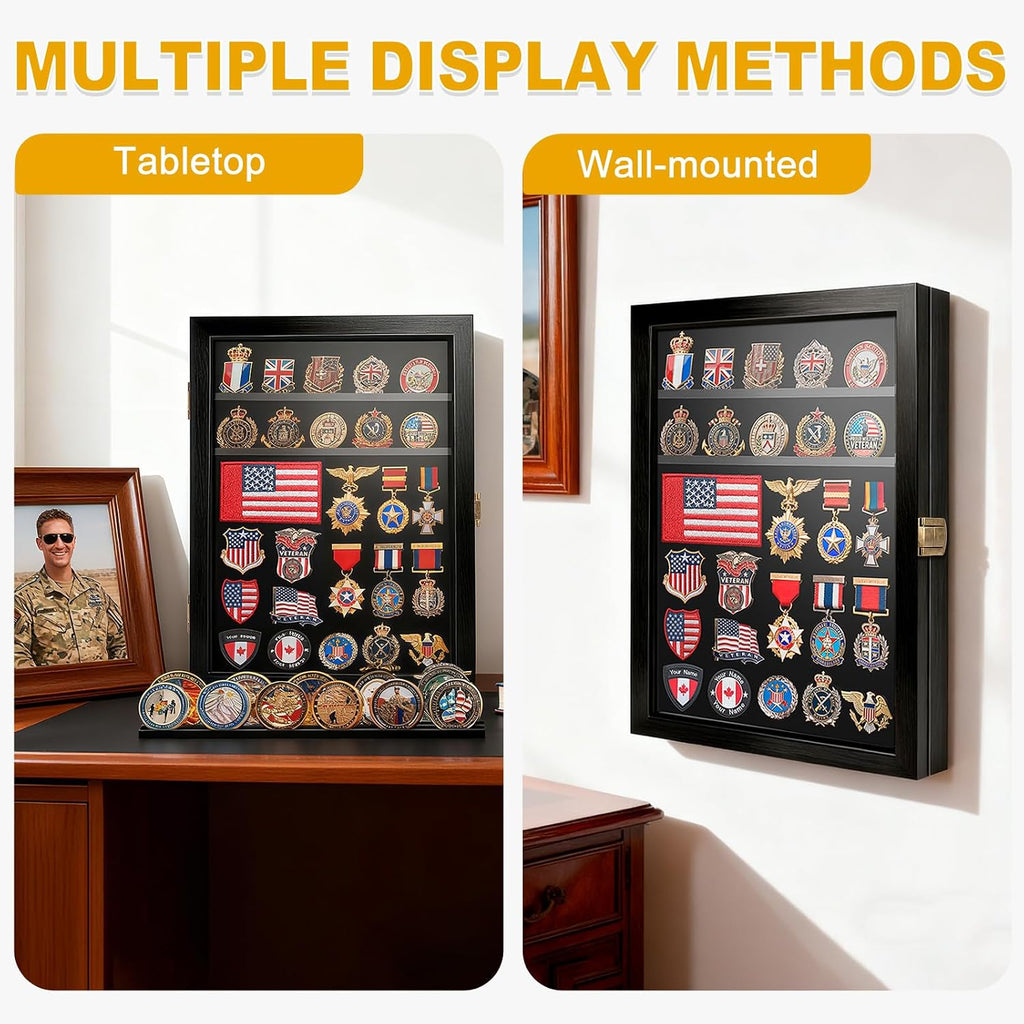 2Pcs Military Challenge Coin Display Case Wooden Shadow Box