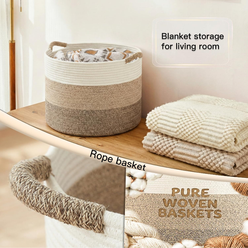 Artfeel 100L Large Cotton Rope Basket, Decorative Woven Blanket Storage for Living Room, Boho Toy Storage & Toy Box for Kids, Versatile Laundry Basket & Nursery Hamper for Blankets(BrownYellow)