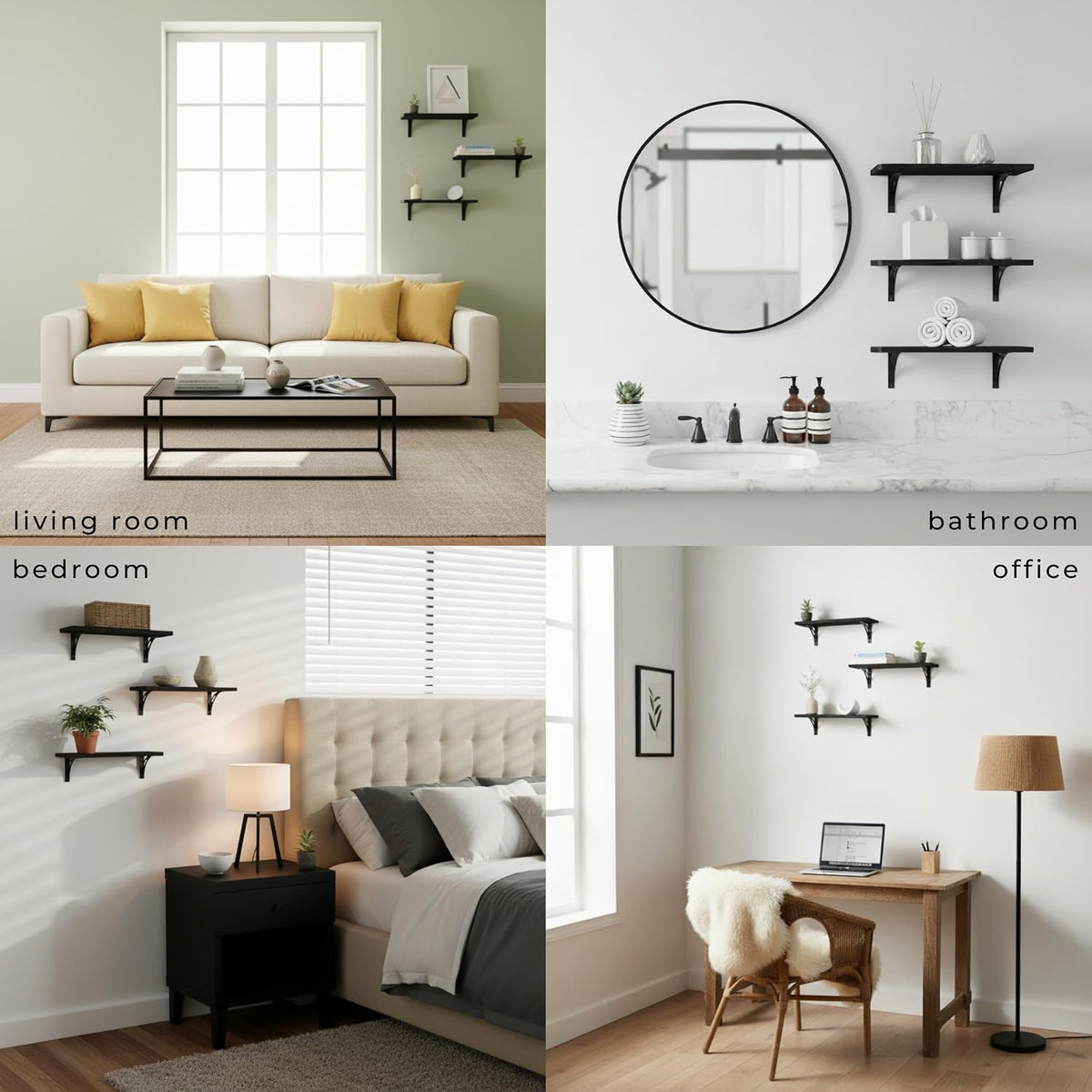 Willowy Reinforced Steel Bracket Black Wall Shelves for Bedroom - Easy to Install, Template and Video Included - Long Black Wall Shelf, Hanging Shelf, Wall Shelf, Wall Bookshelf